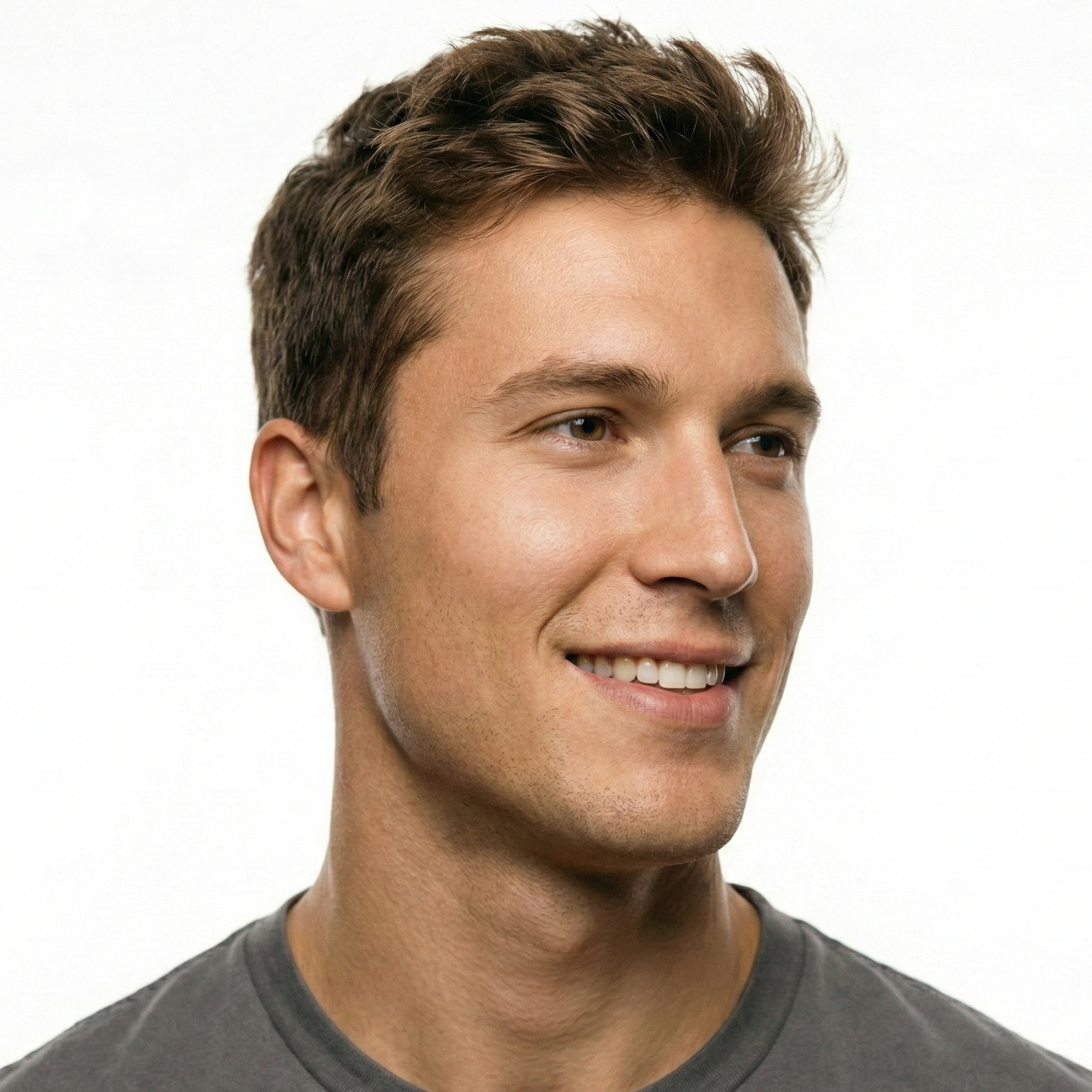 Man wearing a gray shirt on a white background
